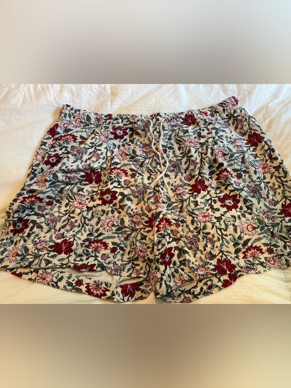 J. Jill Cream High-Waist Floral Drawstring Shorts with Red & Green Print